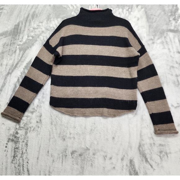 Logix Wool Alpaca Striped Funnel Neck High Low Sweater Size L Black Tan Stretch - Picture 2 of 7